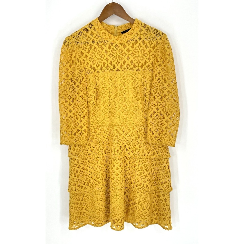 Alex Marie Dress Womens 14 Golden Yellow Nadia Tiered Lace Sheer Guipure Lace